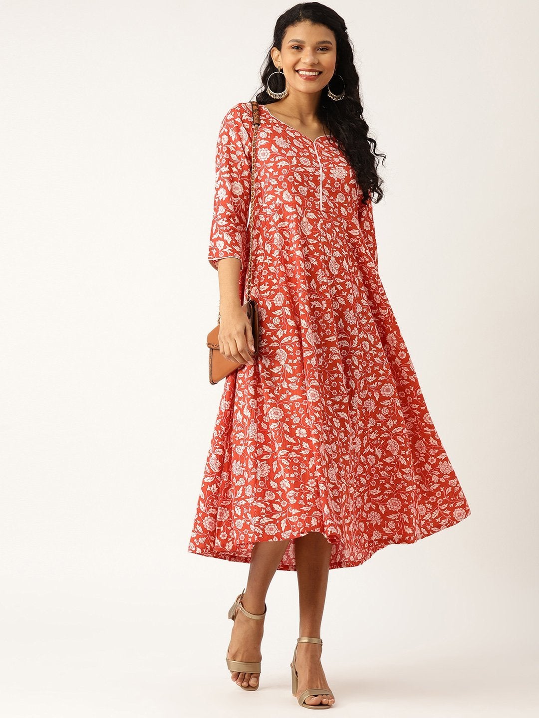 Women's Red Floral Sweetheart Neck Flared Midi Dress