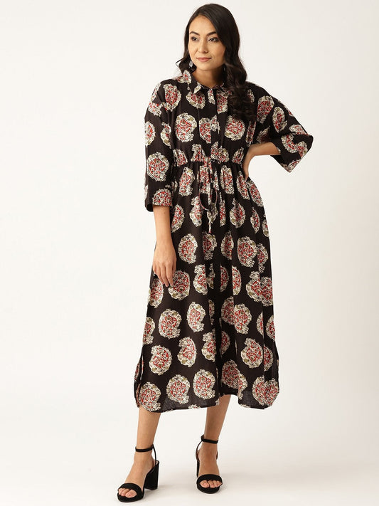 Women's Black Paisely Kaftan Midi Dress