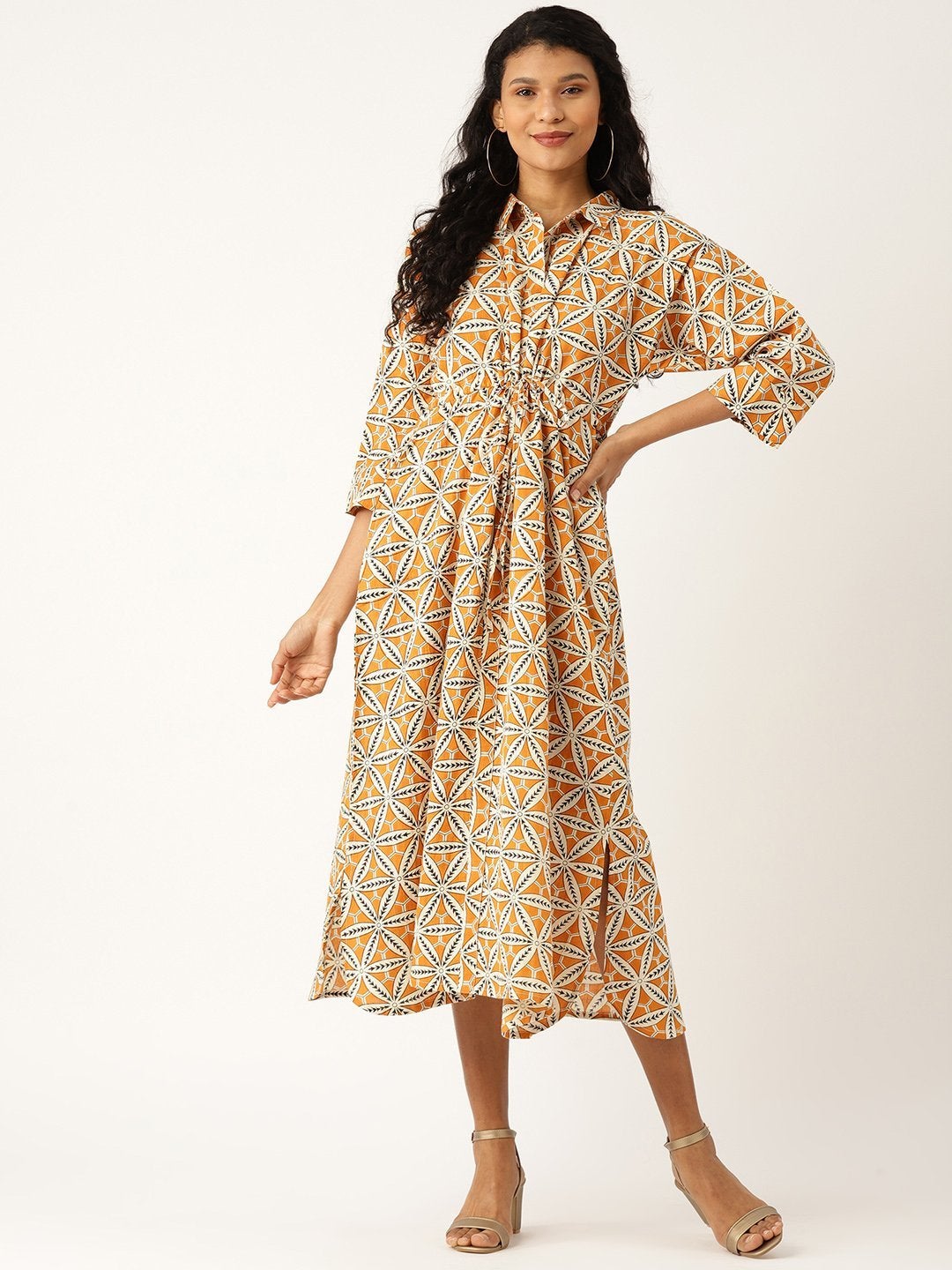 Women's Mustard Floral Kaftan Midi Dress