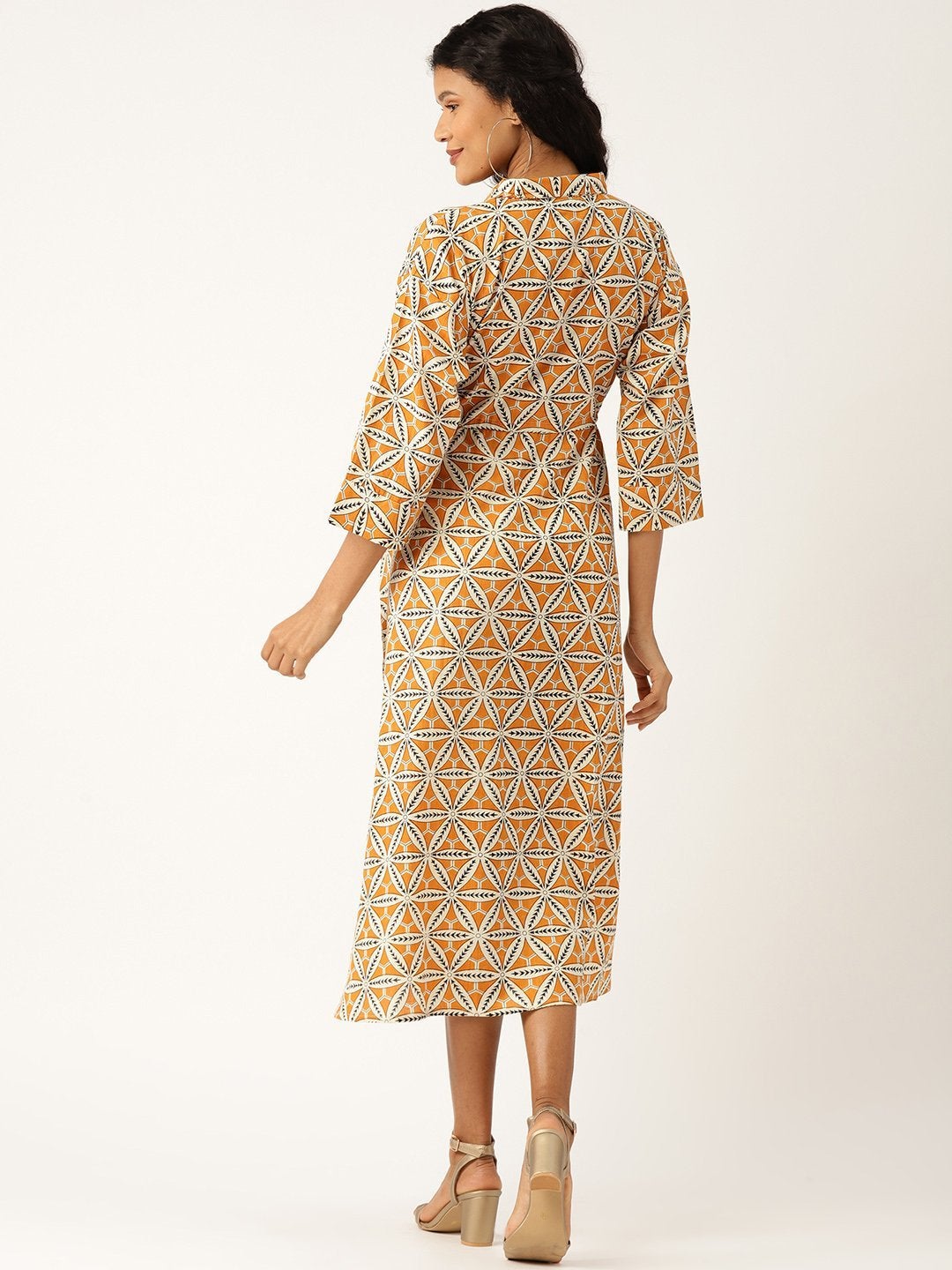 Women's Mustard Floral Kaftan Midi Dress
