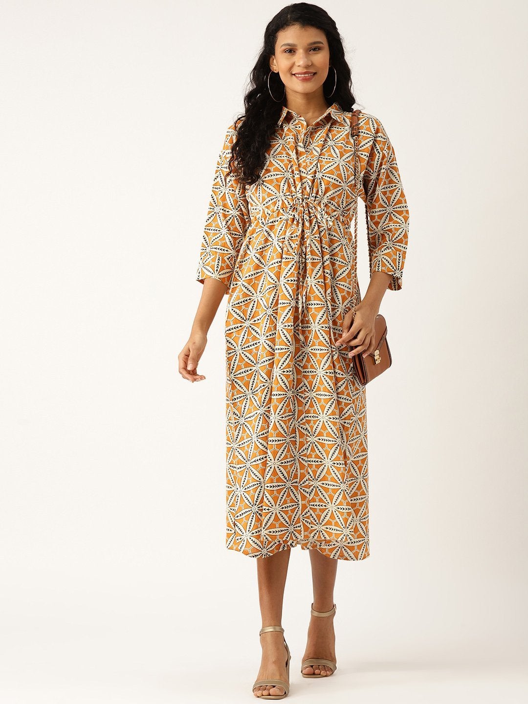 Women's Mustard Floral Kaftan Midi Dress