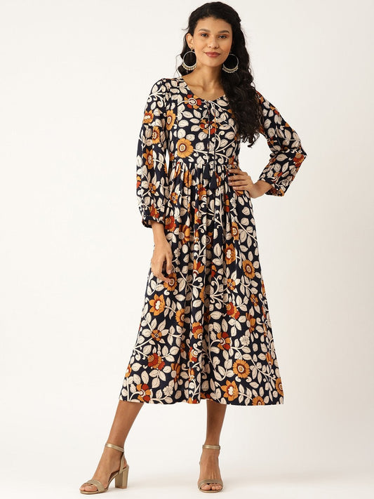 Women's Navy Floral Bishop Sleeve Midi Dress