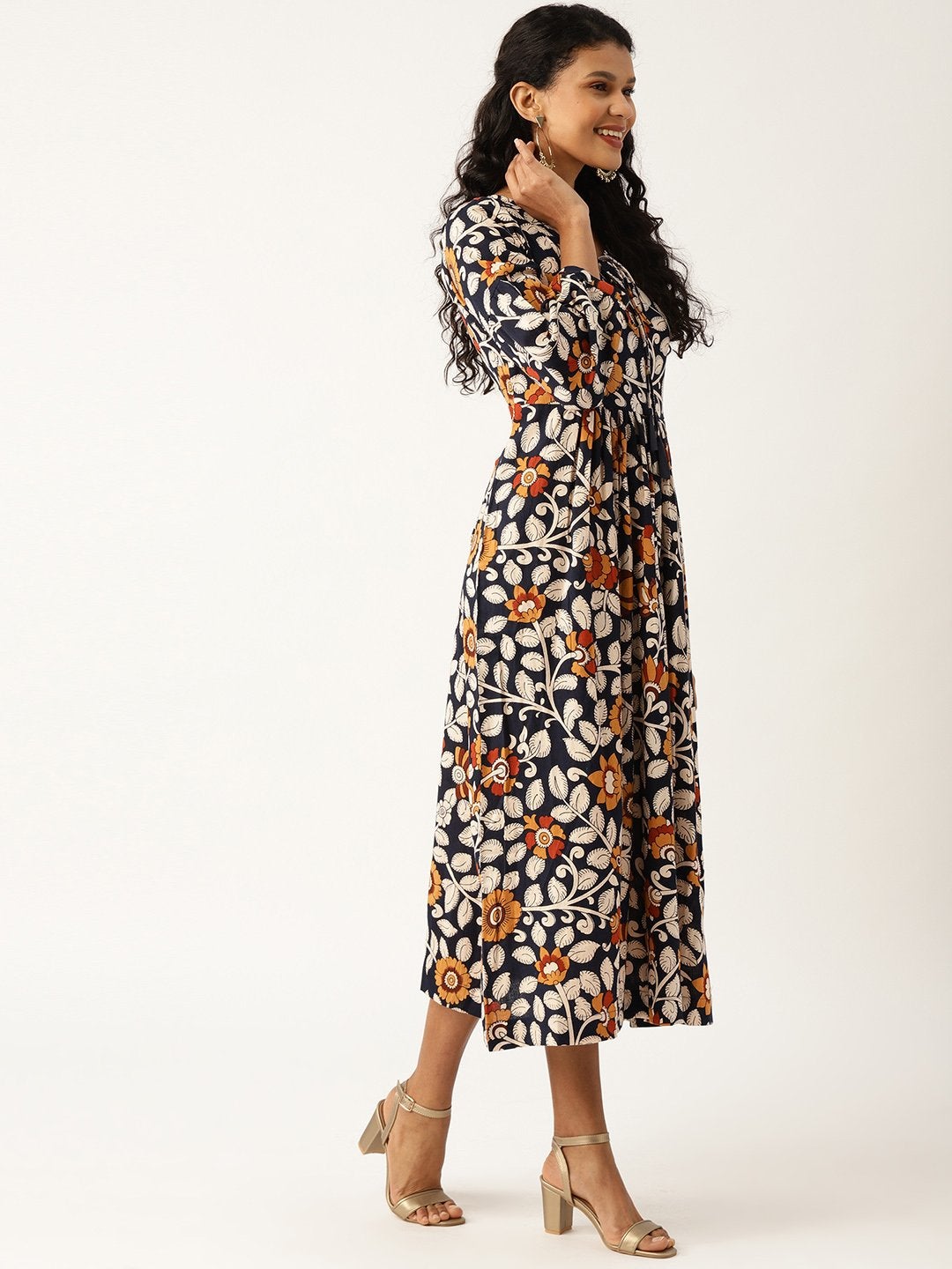 Women's Navy Floral Bishop Sleeve Midi Dress