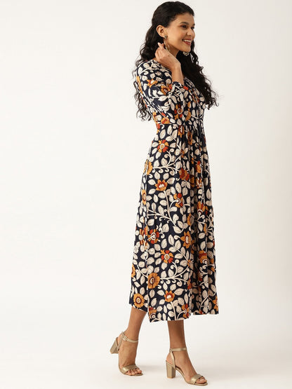 Women's Navy Floral Bishop Sleeve Midi Dress