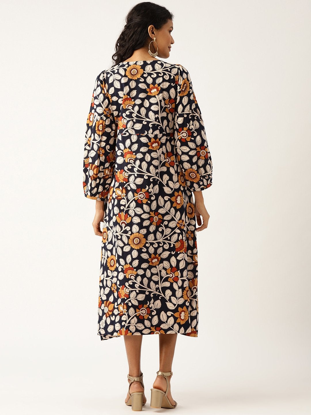 Women's Navy Floral Bishop Sleeve Midi Dress