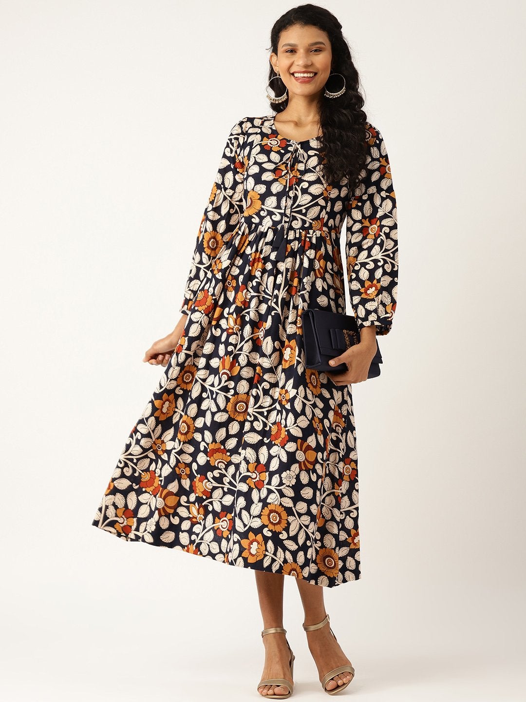 Women's Navy Floral Bishop Sleeve Midi Dress