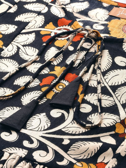 Women's Navy Floral Bishop Sleeve Midi Dress
