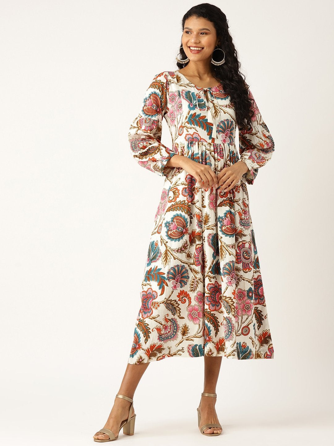 Women's Off White Floral Bishop Sleeve Midi Dress