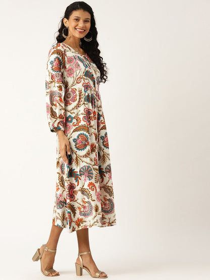 Women's Off White Floral Bishop Sleeve Midi Dress