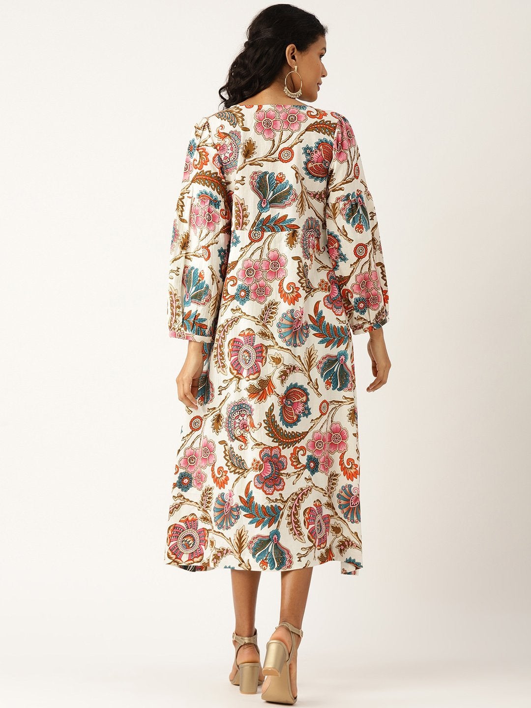 Women's Off White Floral Bishop Sleeve Midi Dress