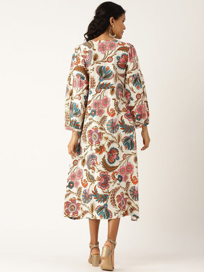 Women's Off White Floral Bishop Sleeve Midi Dress