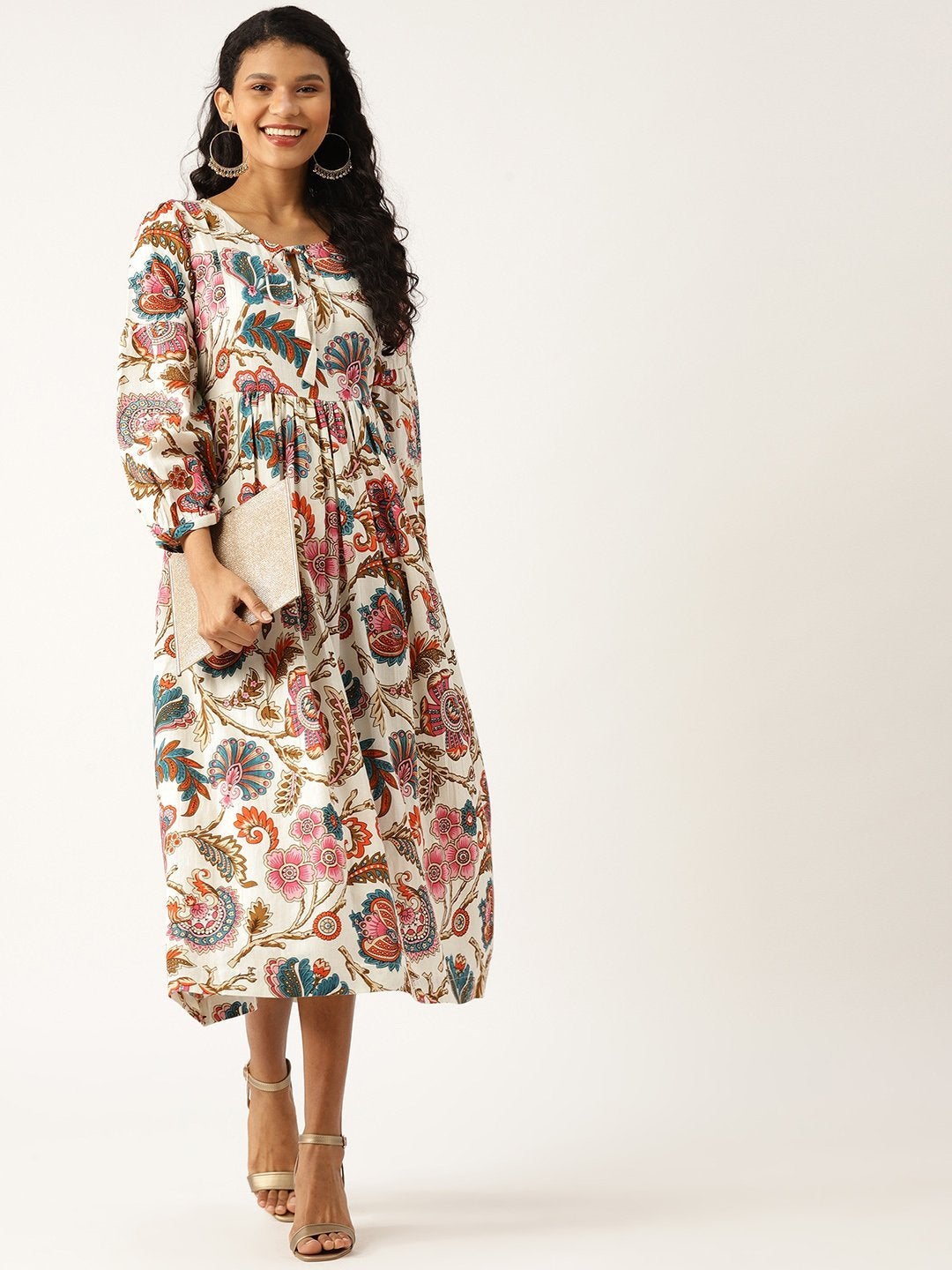 Women's Off White Floral Bishop Sleeve Midi Dress