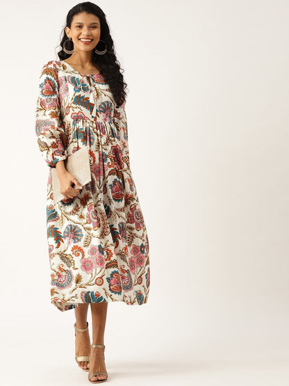 Women's Off White Floral Bishop Sleeve Midi Dress