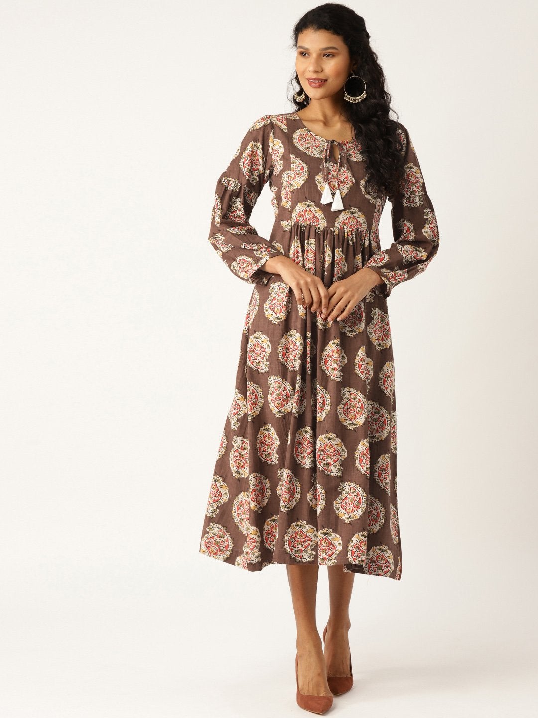 Women's Brown Paisely Bishop Sleeve Midi Dress
