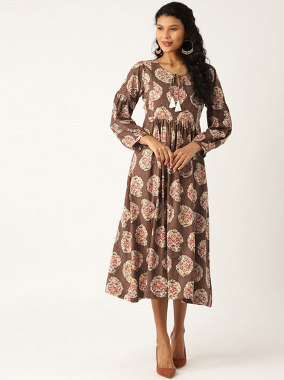 Women's Brown Paisely Bishop Sleeve Midi Dress