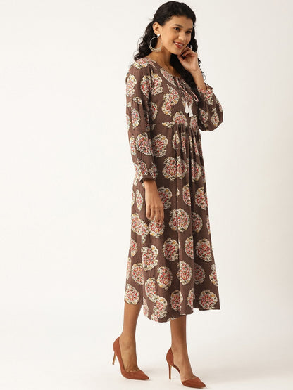 Women's Brown Paisely Bishop Sleeve Midi Dress