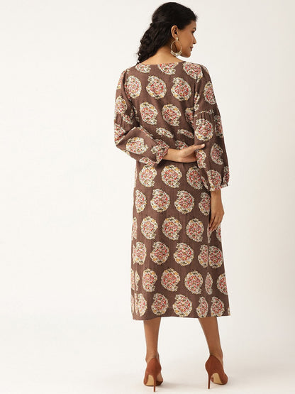 Women's Brown Paisely Bishop Sleeve Midi Dress
