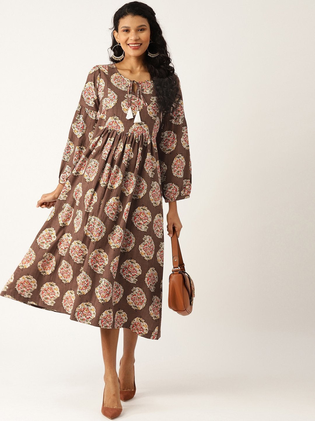 Women's Brown Paisely Bishop Sleeve Midi Dress