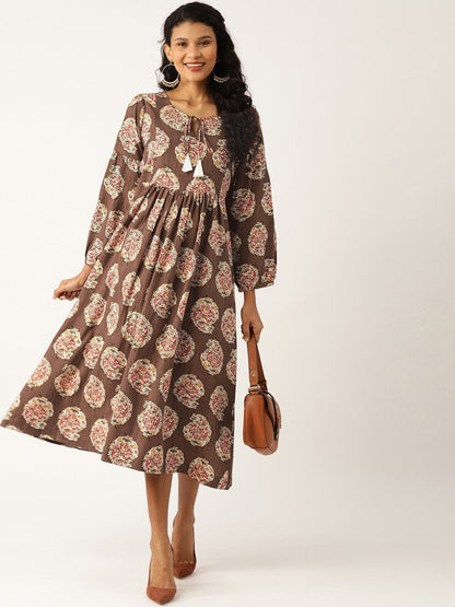 Women's Brown Paisely Bishop Sleeve Midi Dress