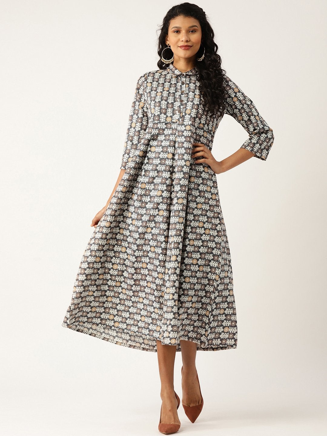 Women's Grey Floral Inverted Box Pleat Gathered Dress