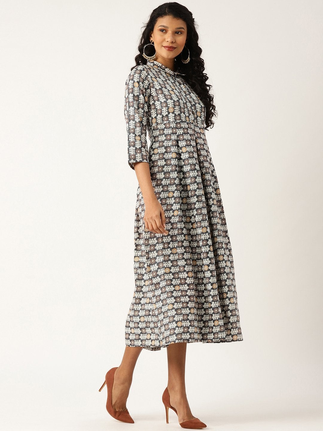 Women's Grey Floral Inverted Box Pleat Gathered Dress