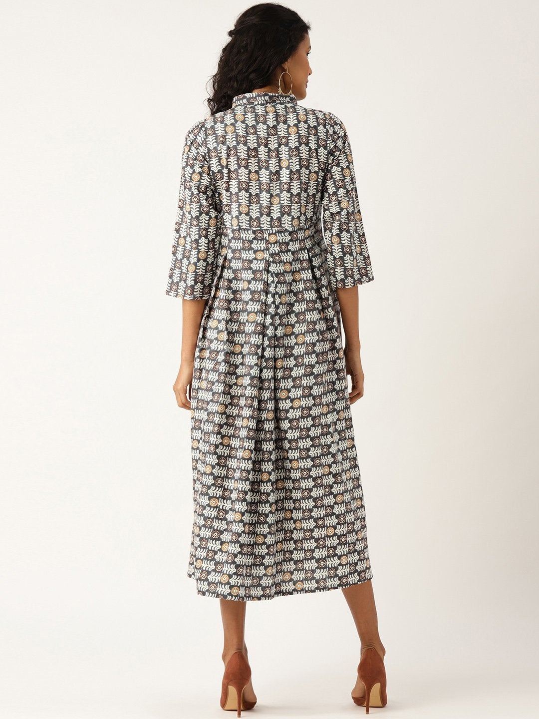 Women's Grey Floral Inverted Box Pleat Gathered Dress