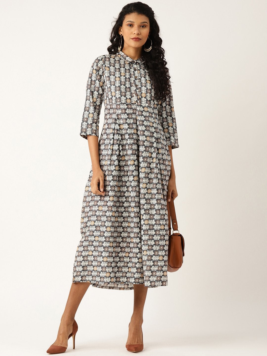 Women's Grey Floral Inverted Box Pleat Gathered Dress
