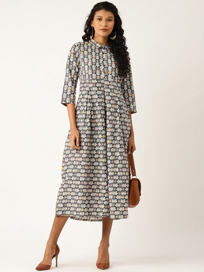 Women's Grey Floral Inverted Box Pleat Gathered Dress