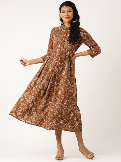 Women's Brown Floral Inverted Box Pleat Gathered Dress