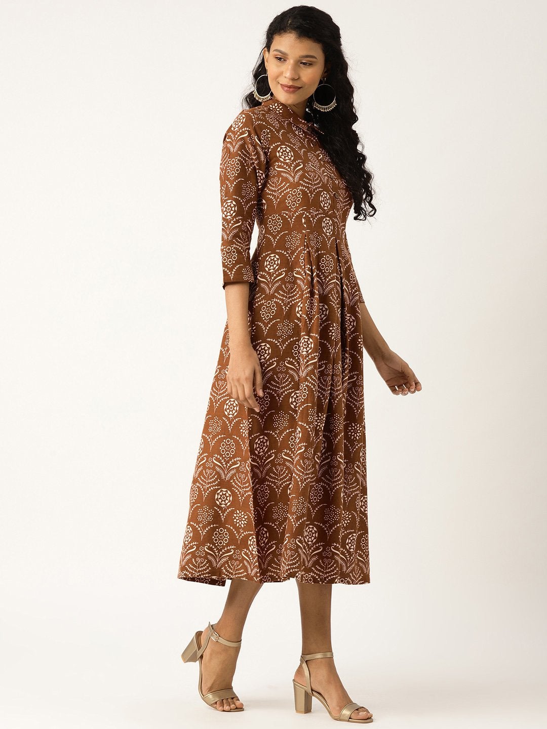 Women's Brown Floral Inverted Box Pleat Gathered Dress