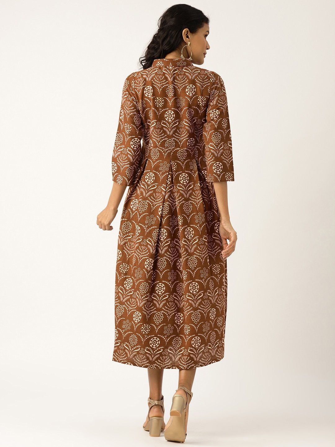 Women's Brown Floral Inverted Box Pleat Gathered Dress