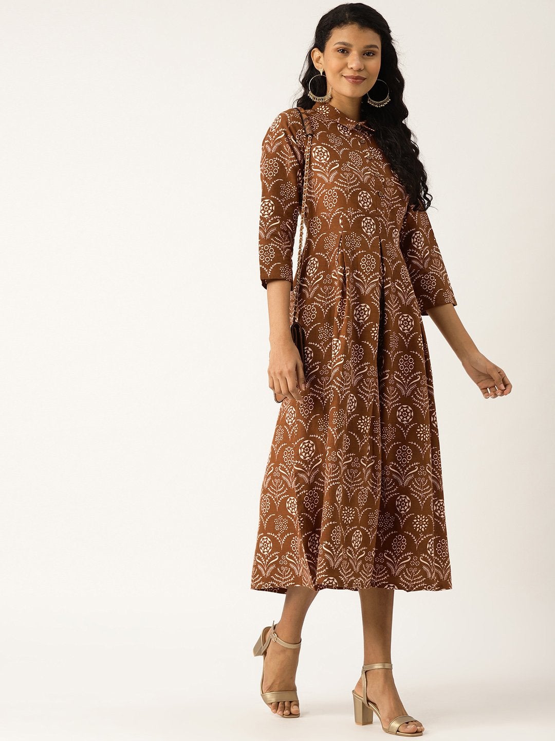 Women's Brown Floral Inverted Box Pleat Gathered Dress