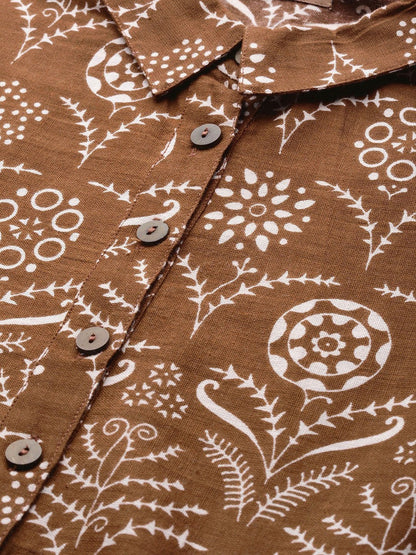 Women's Brown Floral Inverted Box Pleat Gathered Dress