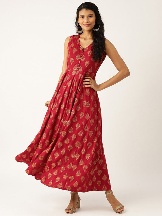 Women's Maroon Foil Print Sleeveless Flared Maxi
