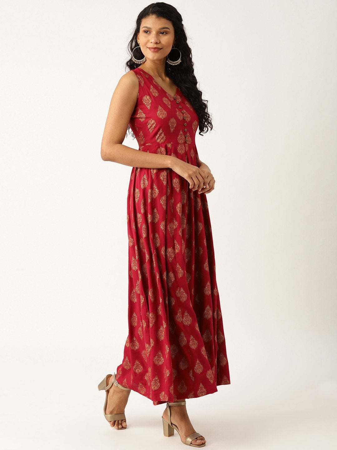 Women's Maroon Foil Print Sleeveless Flared Maxi