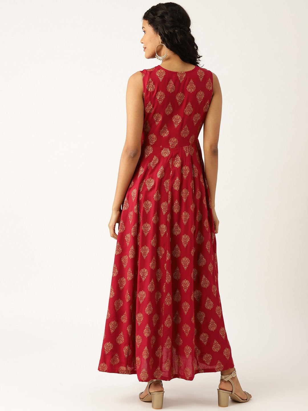 Women's Maroon Foil Print Sleeveless Flared Maxi