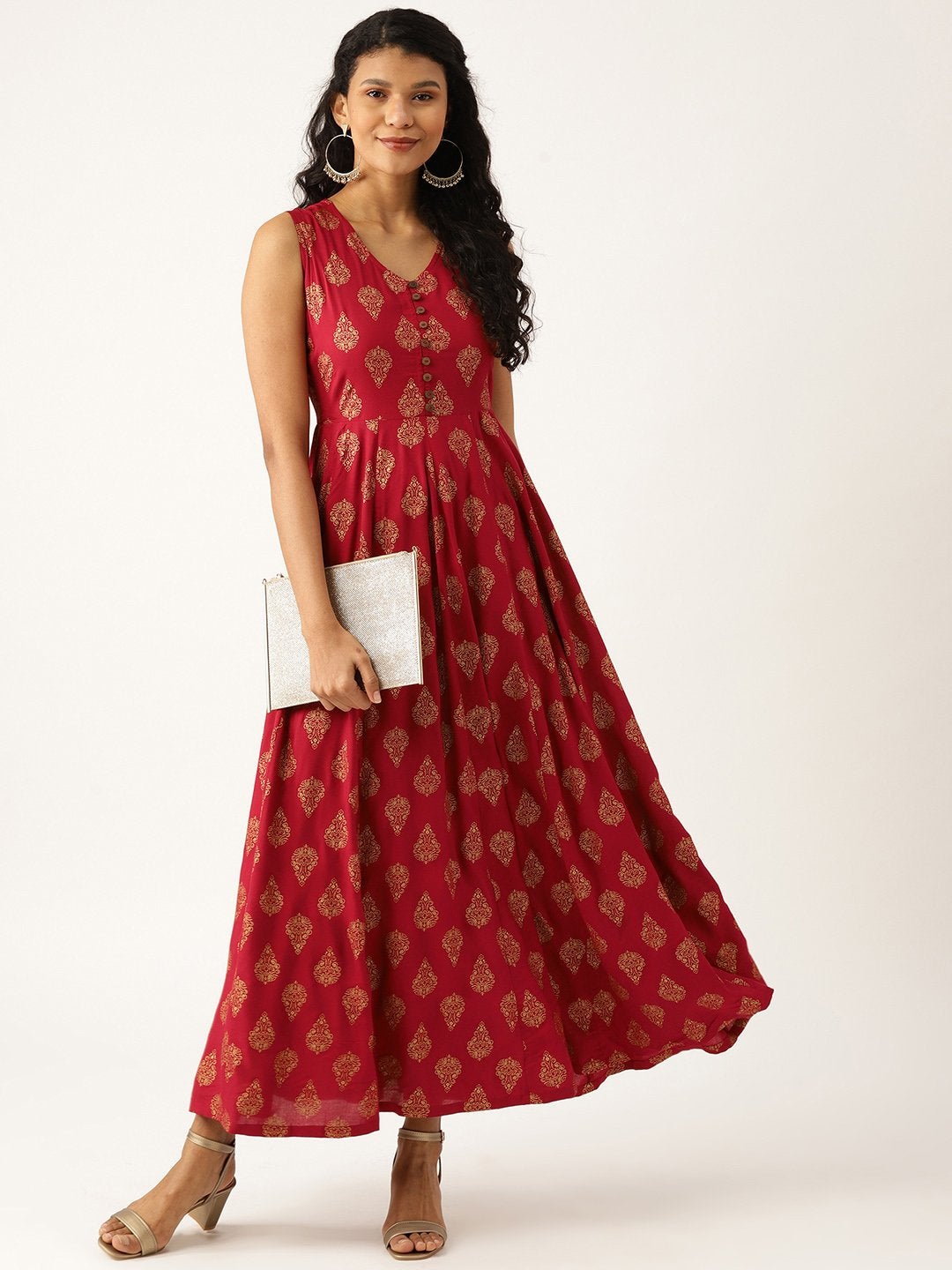 Women's Maroon Foil Print Sleeveless Flared Maxi