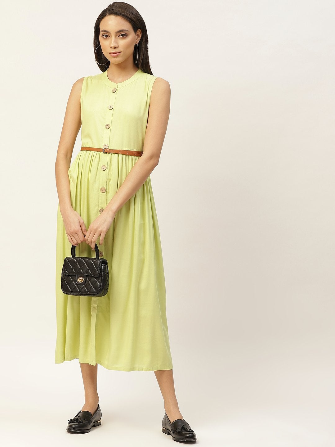 Women's Lime Green Sleeveless Gathered Dress