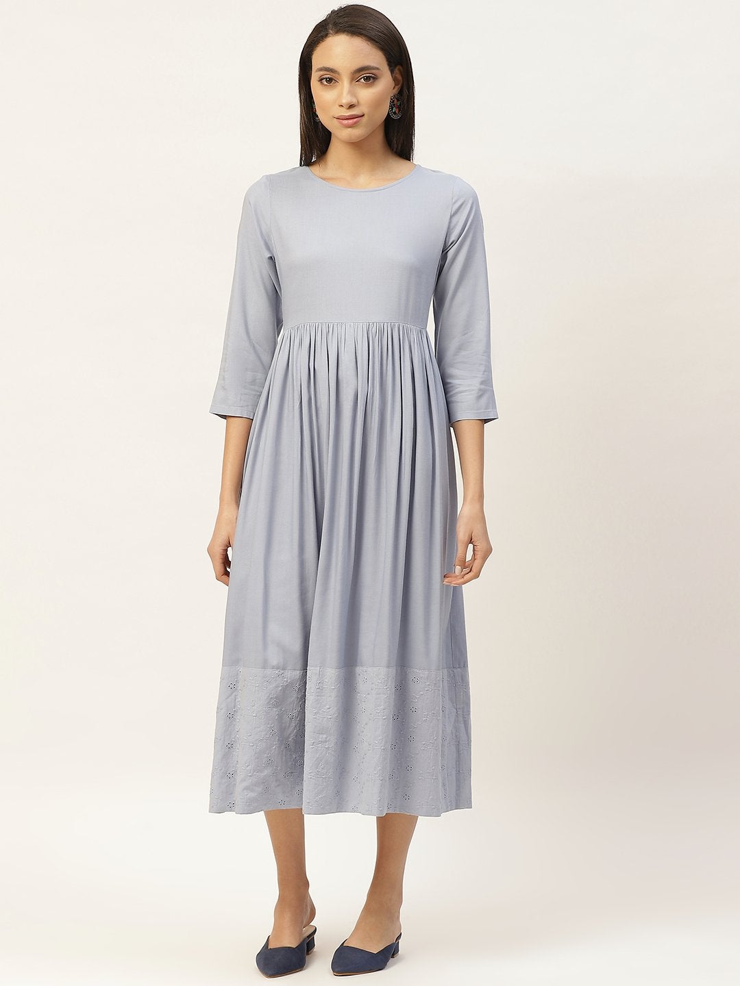 Women's Grey Schiffli Gathered Midi Dress