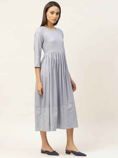 Women's Grey Schiffli Gathered Midi Dress