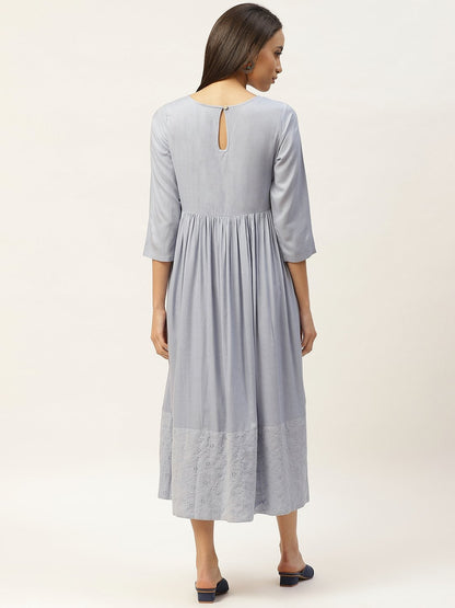 Women's Grey Schiffli Gathered Midi Dress