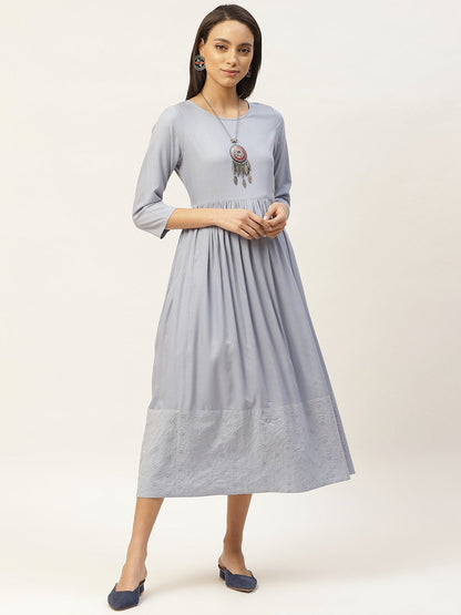 Women's Grey Schiffli Gathered Midi Dress
