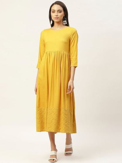 Women's Mustard Schiffli Gathered Midi Dress