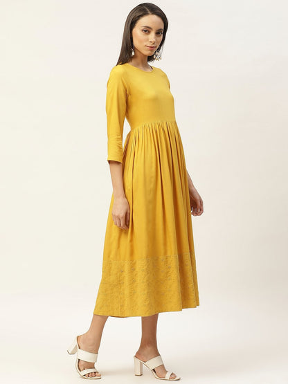 Women's Mustard Schiffli Gathered Midi Dress
