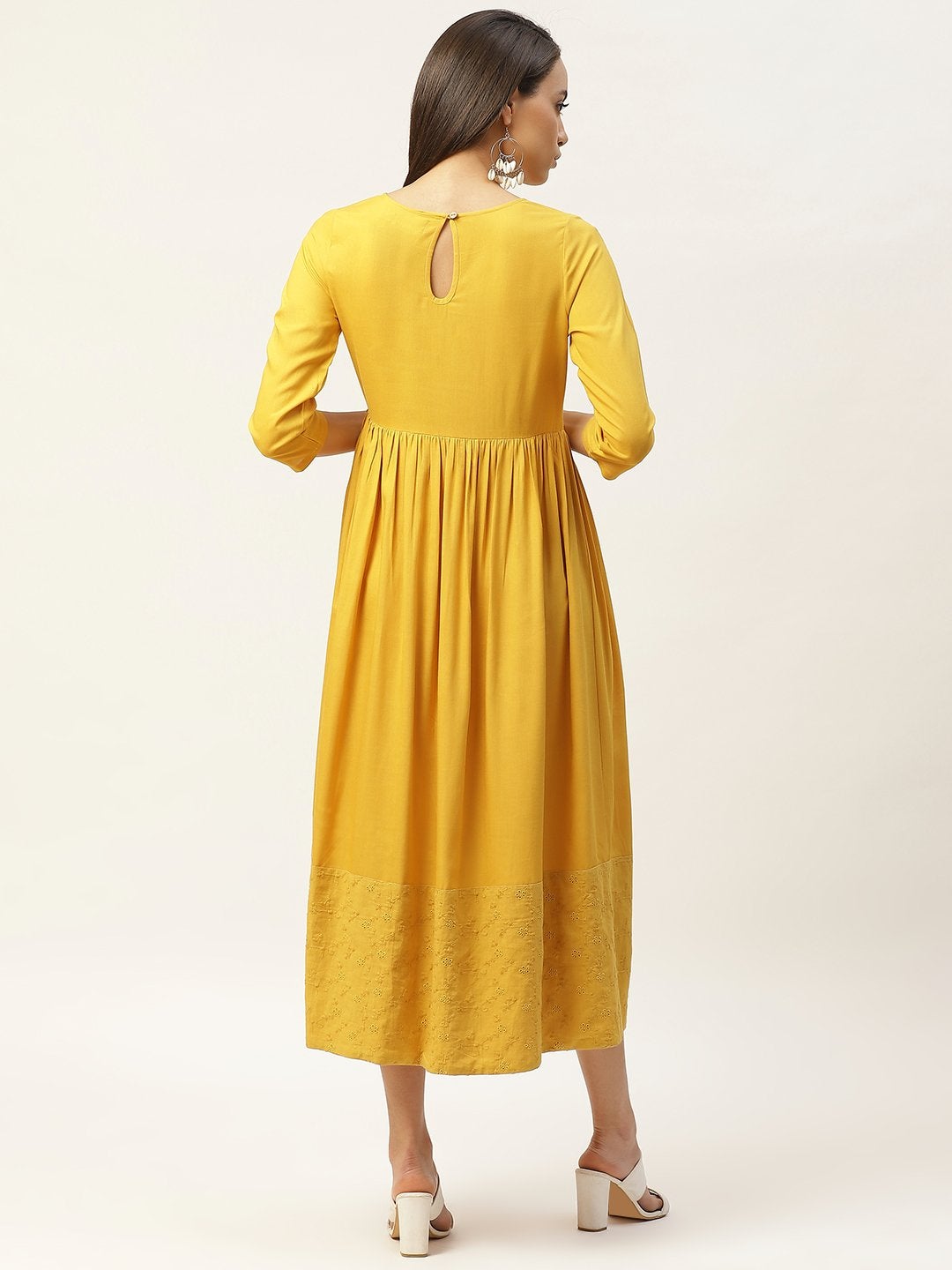 Women's Mustard Schiffli Gathered Midi Dress