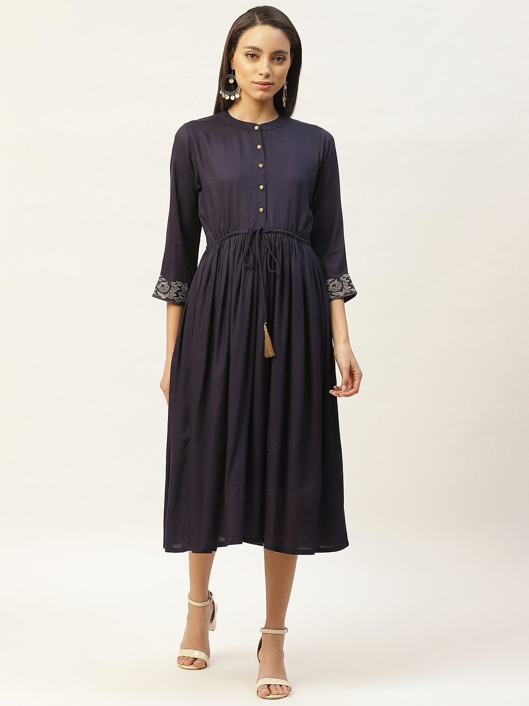 Women's Navy Zari Floral Embroidery Drawstring Dress