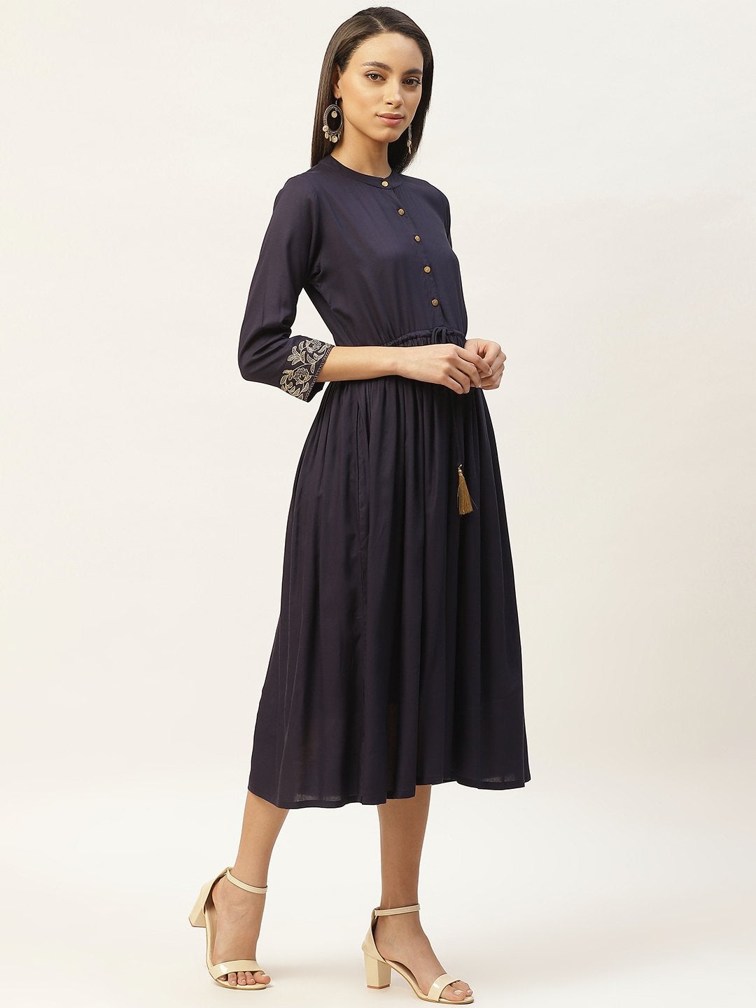 Women's Navy Zari Floral Embroidery Drawstring Dress