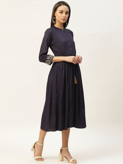 Women's Navy Zari Floral Embroidery Drawstring Dress