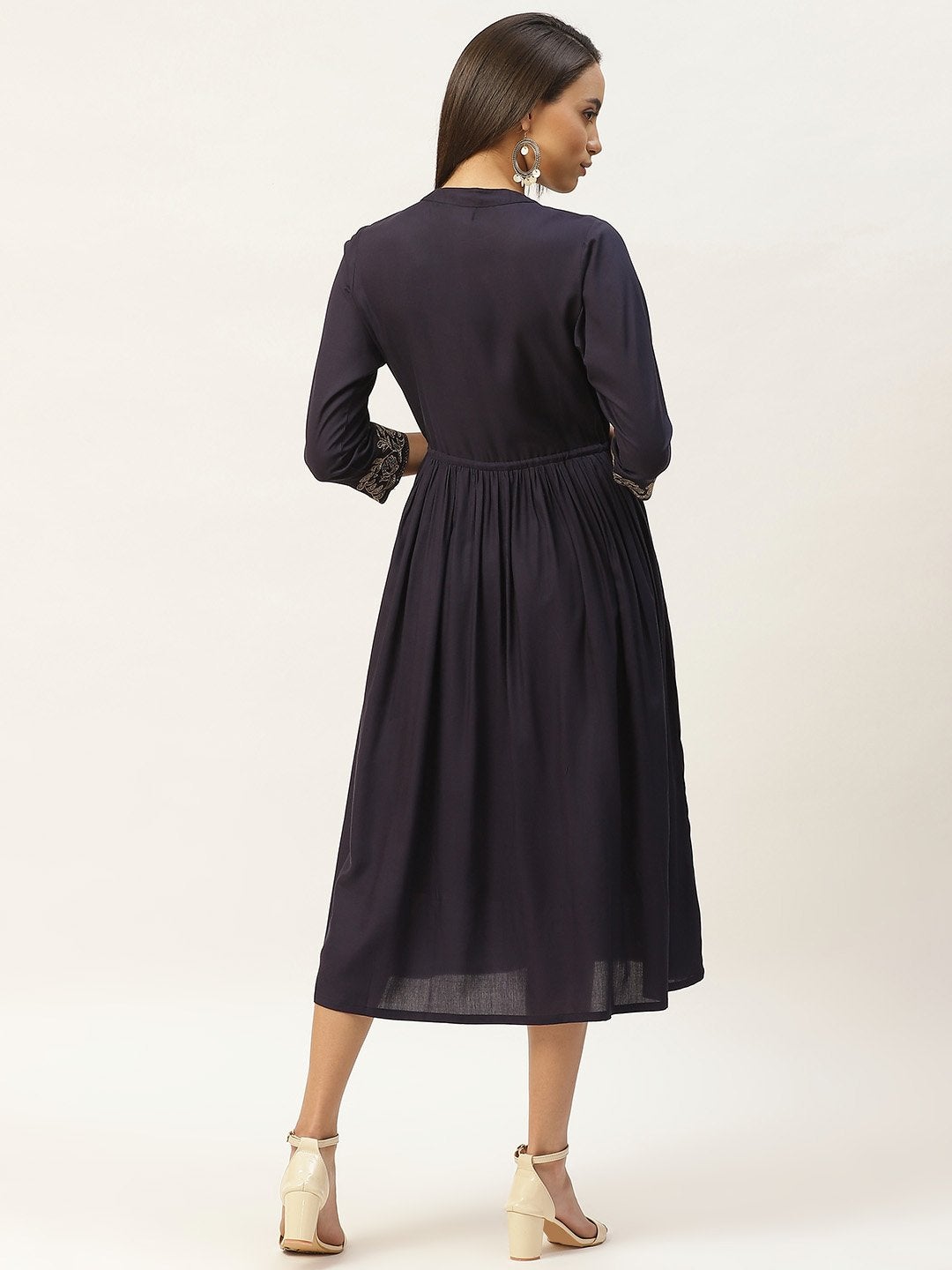 Women's Navy Zari Floral Embroidery Drawstring Dress