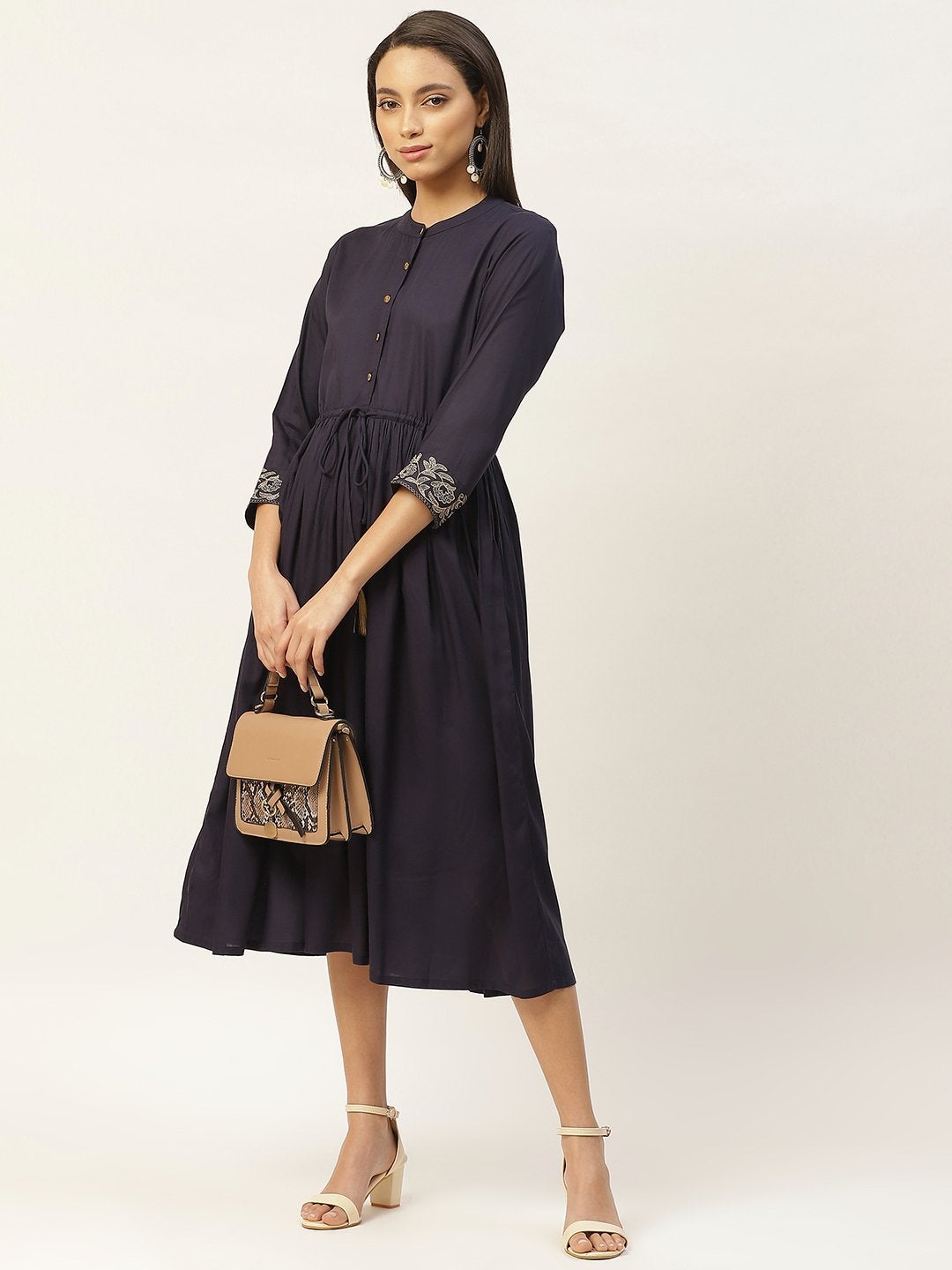 Women's Navy Zari Floral Embroidery Drawstring Dress
